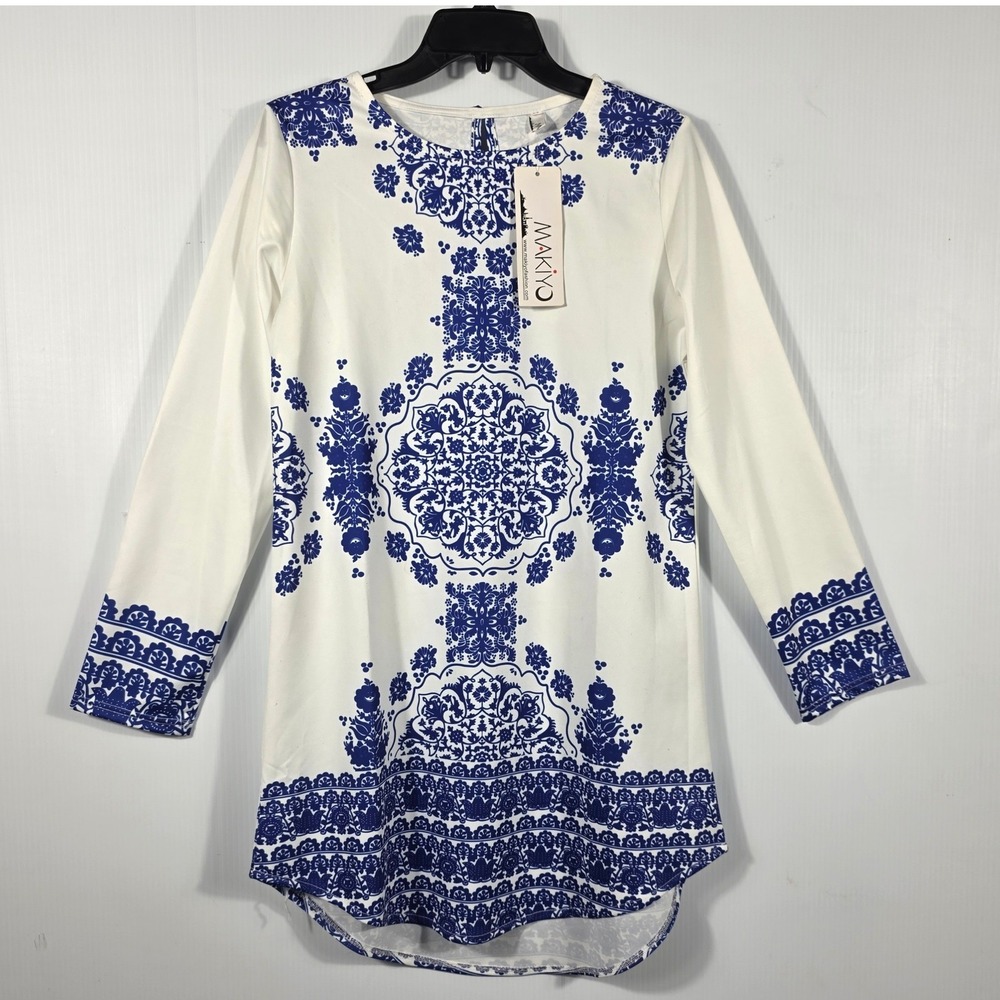 Makiyo Women Blue White Medallion Floral Damask Tunic Top Long Sleeve Size M NWT